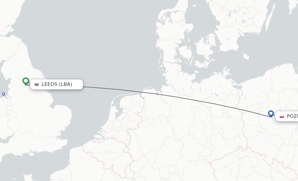 Flights from Leeds to Poznan route map