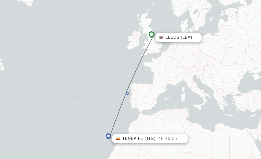 Flights from Leeds to Tenerife route map