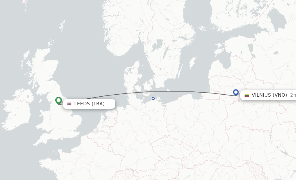 Flights from Leeds to Vilnius route map