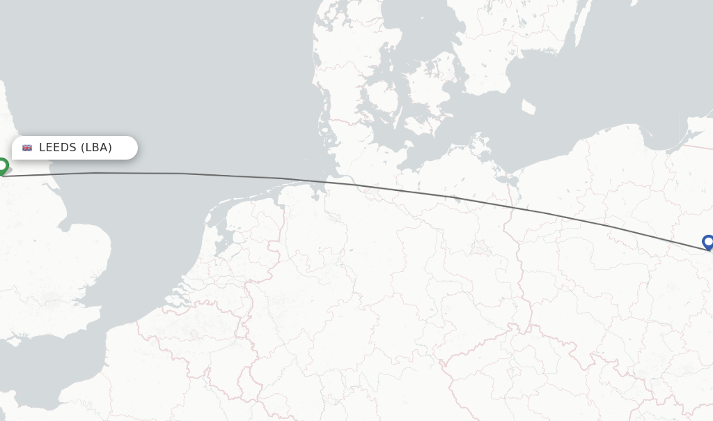 Flights from Leeds to Modlin route map