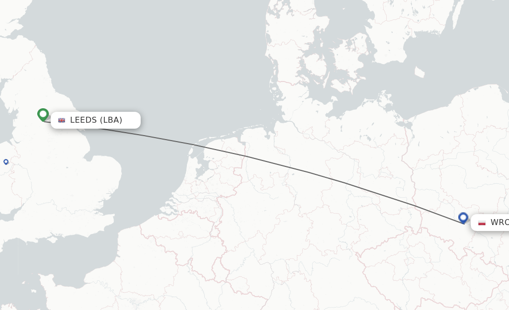 Flights from Leeds to Wroclaw route map