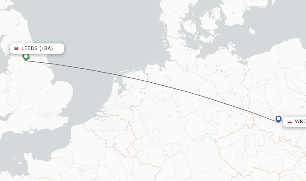 Flights from Leeds to Wroclaw route map