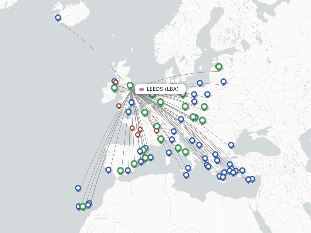 Flights from Leeds to Katowice route map