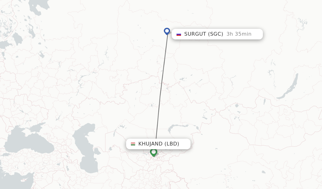 Flights from Khujand to Surgut route map