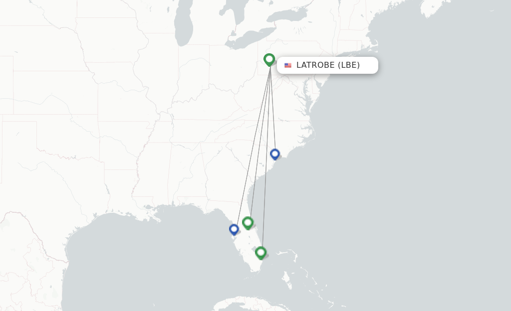 Route map with flights from Latrobe with Spirit