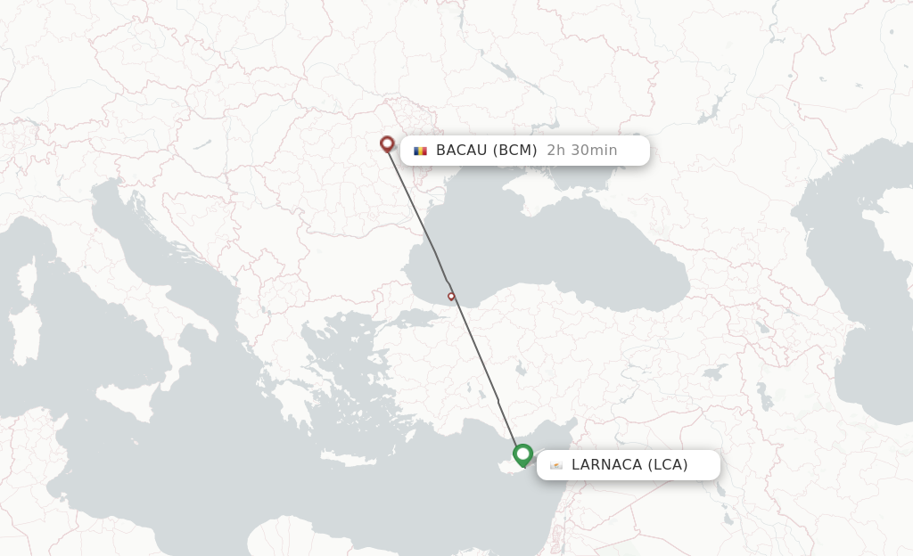 Flights from Larnaca to Bacau route map