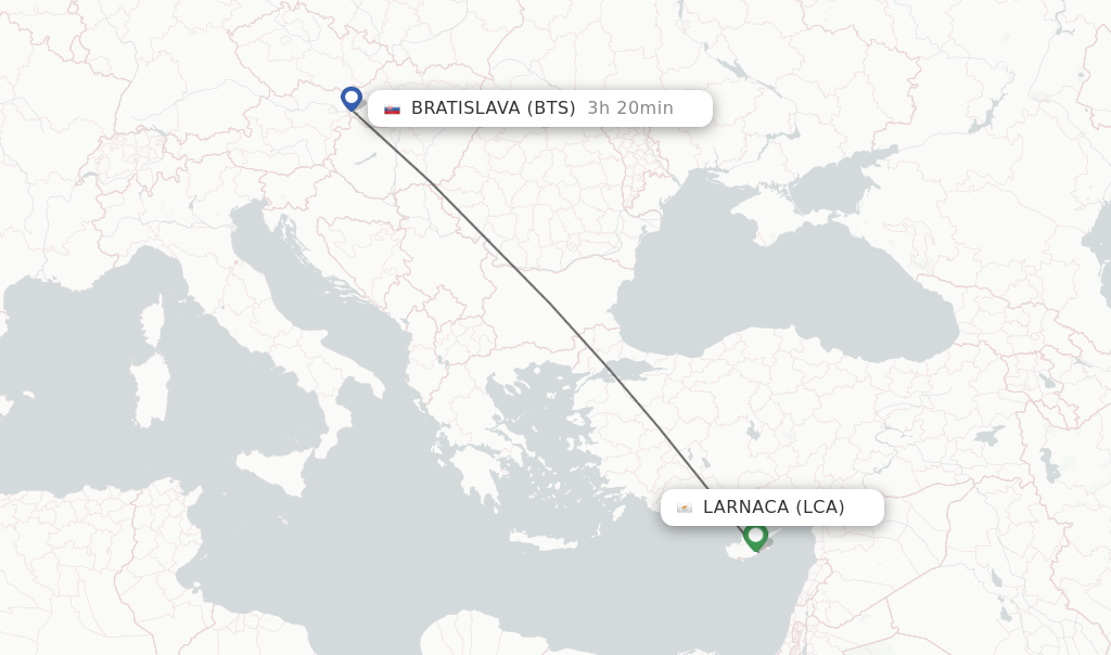 Flights from Larnaca to Bratislava route map