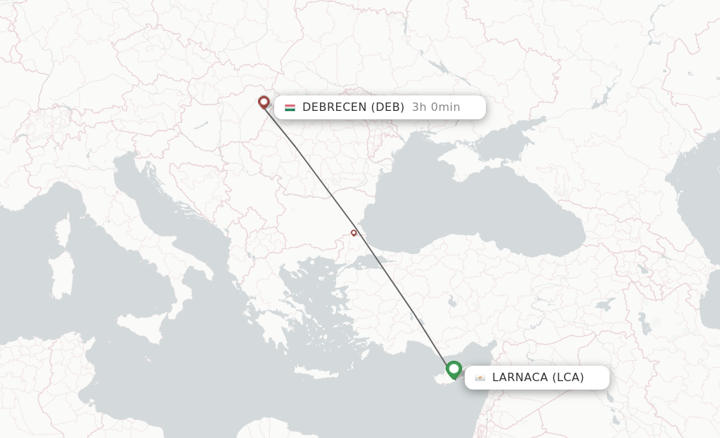 Flights from Larnaca to Debrecen route map