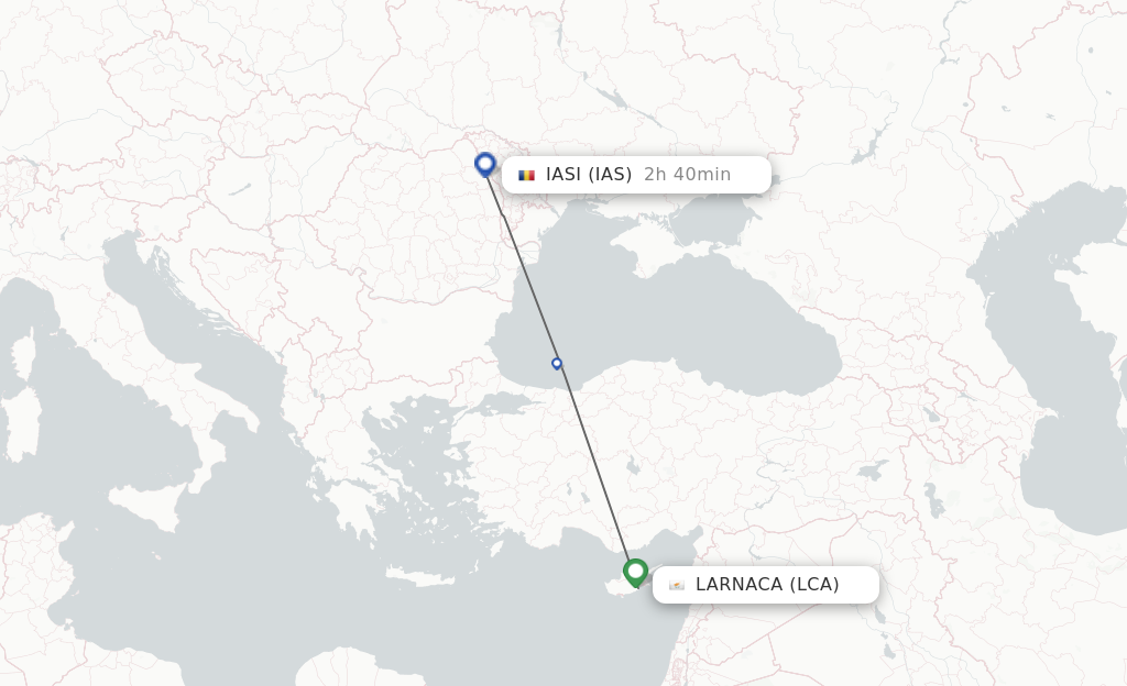 Flights from Larnaca to Iasi route map
