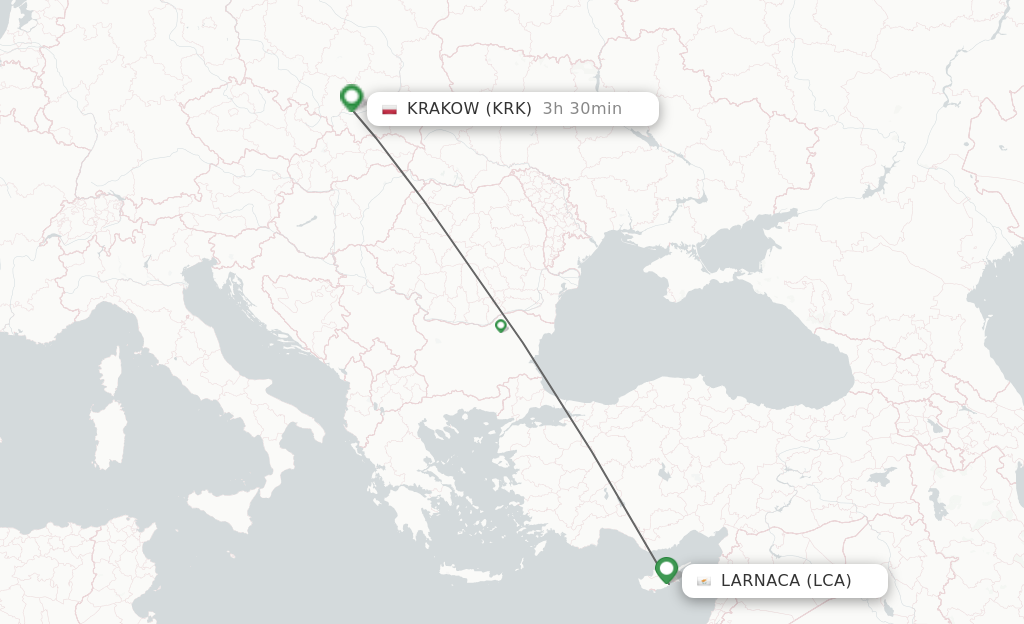 Flights from Larnaca to Krakow route map