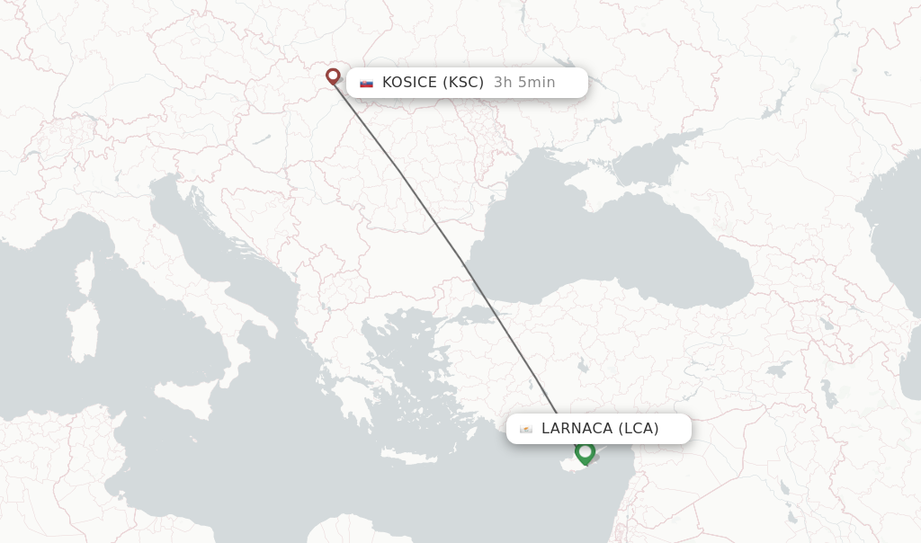 Flights from Larnaca to Kosice route map