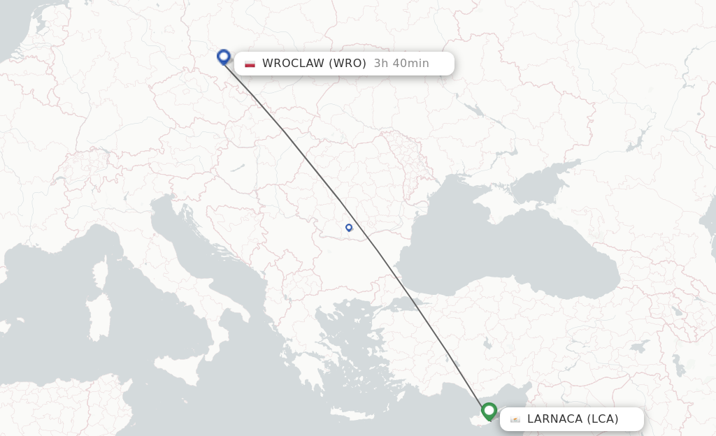Flights from Larnaca to Wroclaw route map