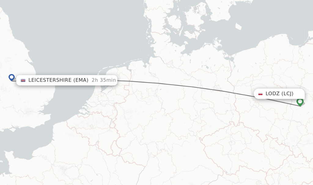 Flights from Lodz to Leicestershire route map