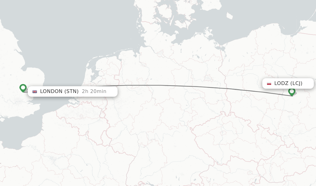 Flights from Lodz to London route map