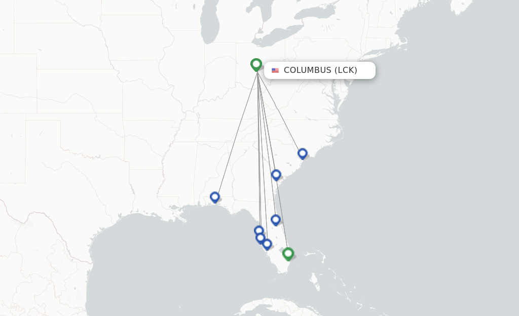 Route map with flights from Columbus with Allegiant Air