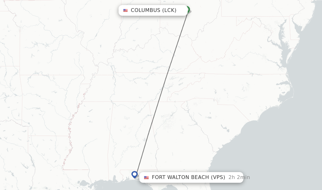 Flights from Columbus to Fort Walton Beach route map