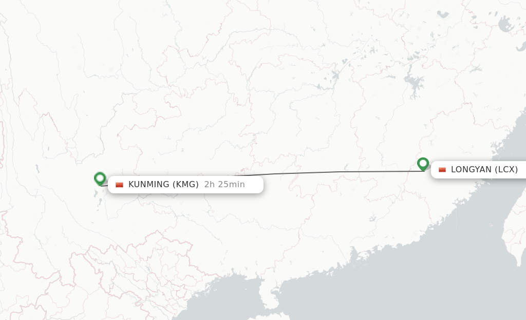 Flights from Longyan to Kunming route map