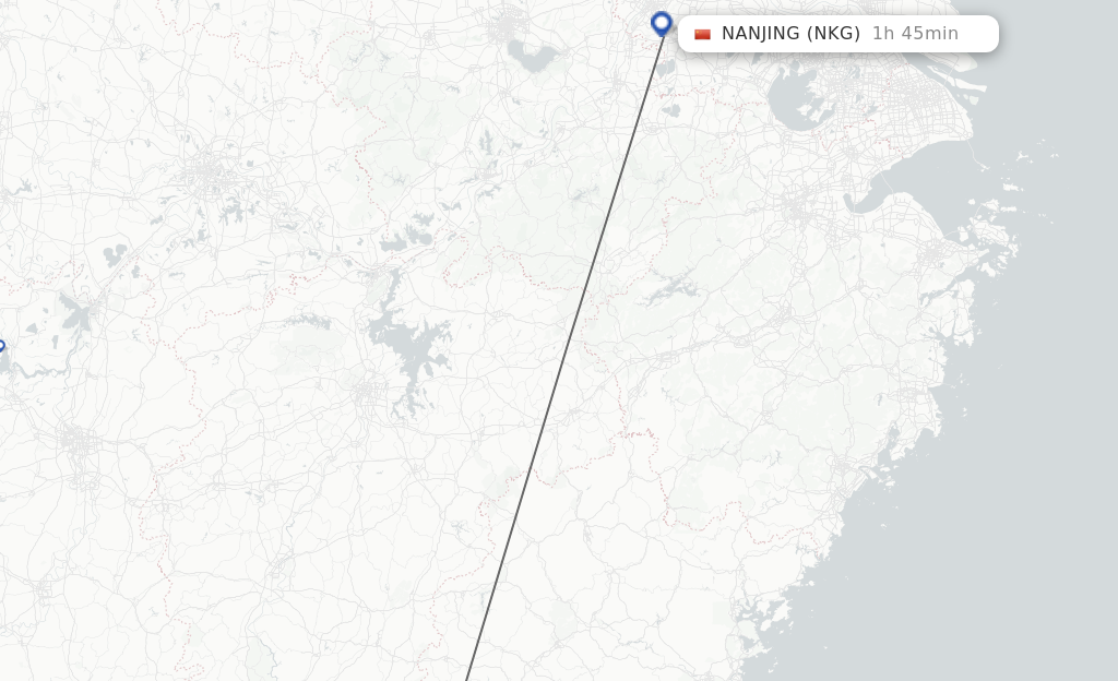 Flights from Longyan to Nanjing route map