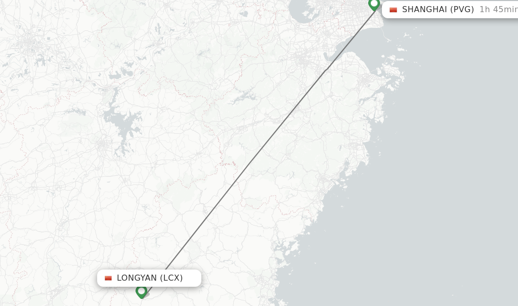 Flights from Longyan to Shanghai route map