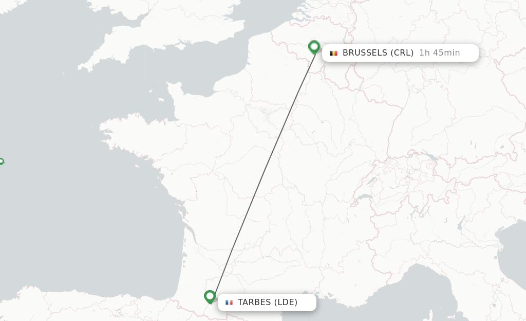Flights from Lourdes to Brussels route map