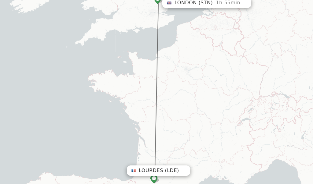 Flights from Lourdes to London route map