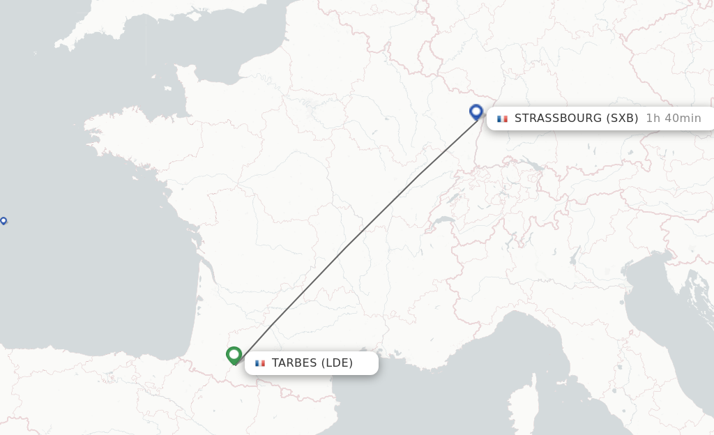 Flights from Lourdes to Strasbourg route map