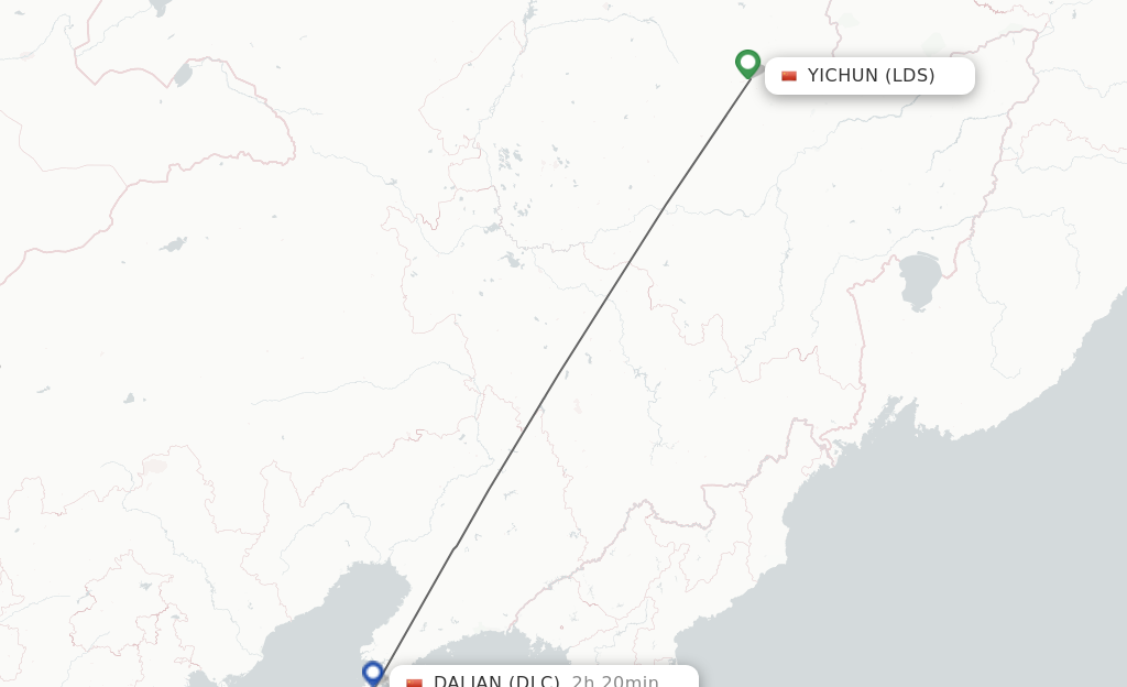 Flights from Yichun to Dalian route map