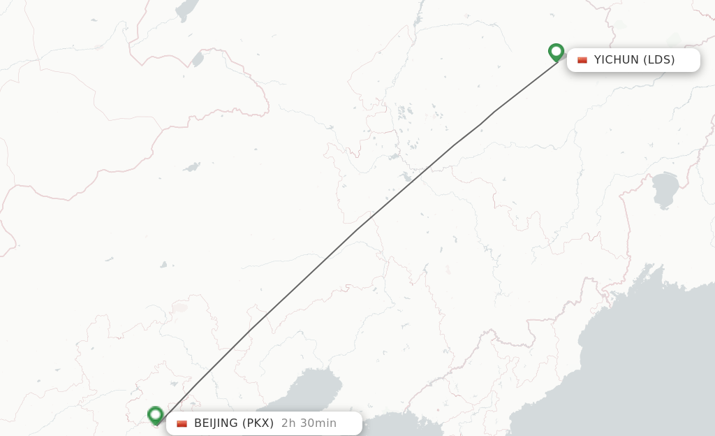 Flights from Yichun to Beijing route map