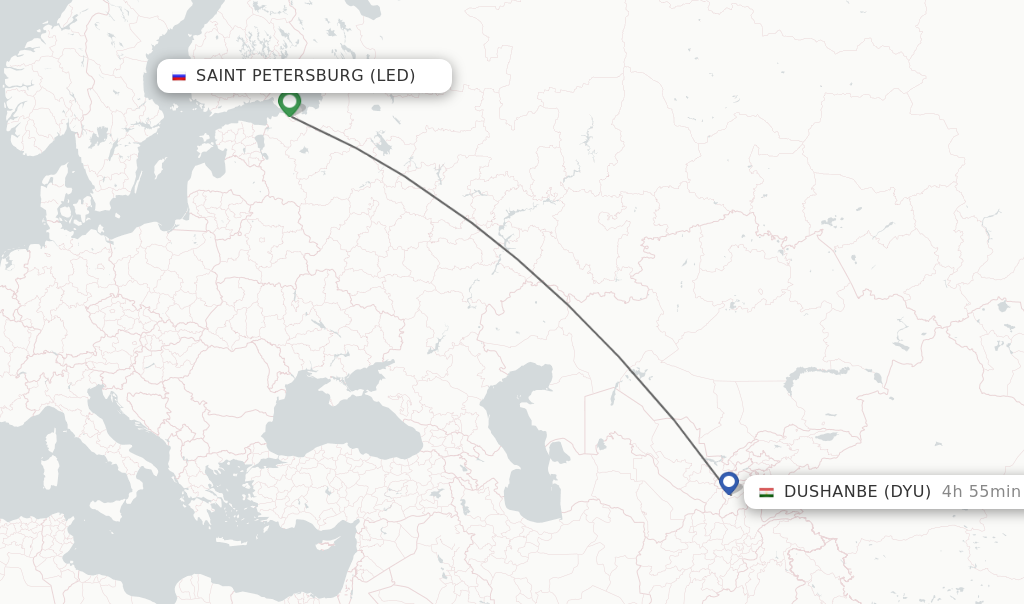 Flights from Saint Petersburg to Dushanbe route map