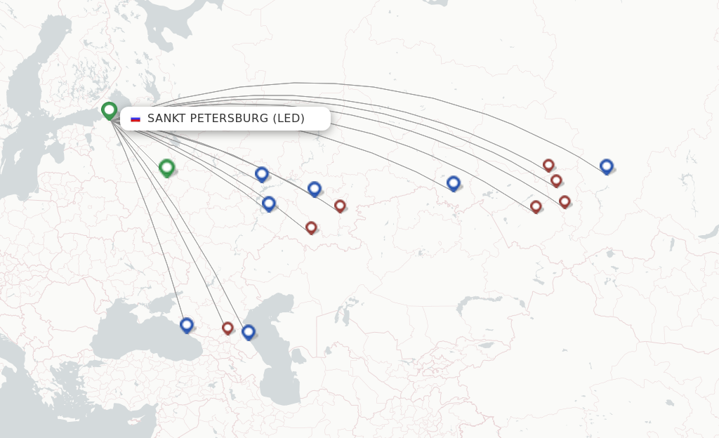 Route map with flights from Saint Petersburg with Nordwind Airlines