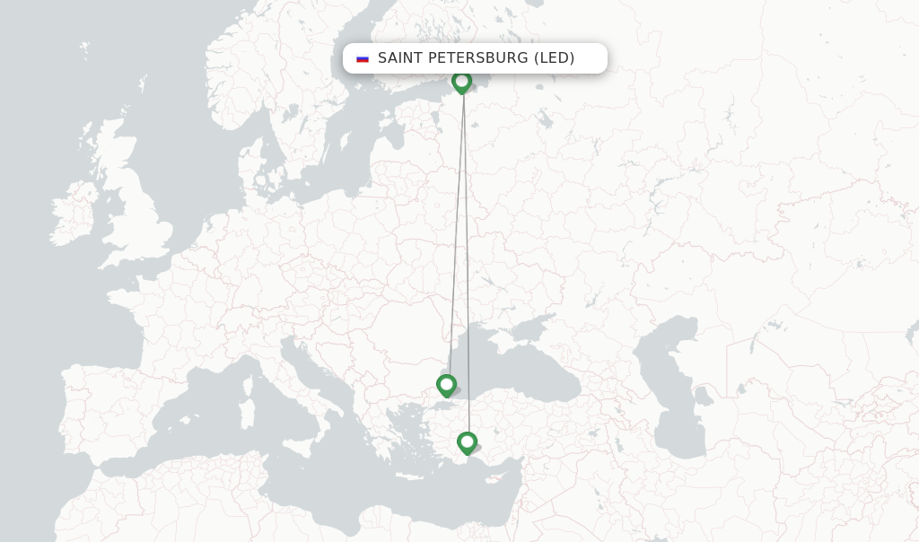 Route map with flights from Saint Petersburg with Turkish Airlines