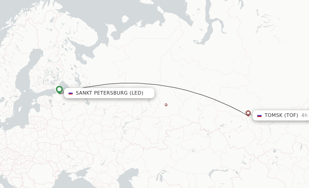 Flights from Saint Petersburg to Tomsk route map
