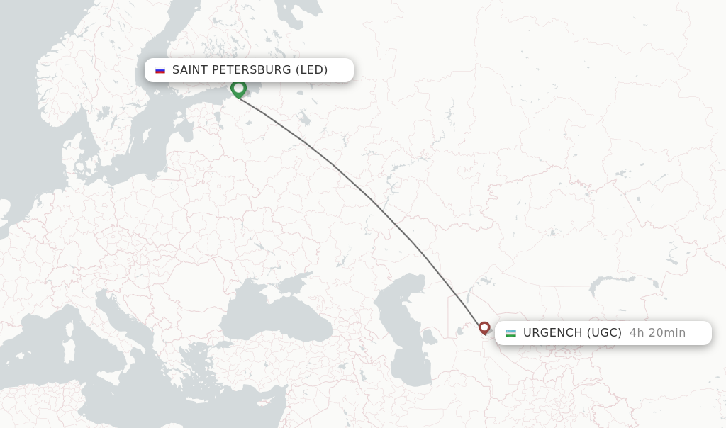 Flights from Saint Petersburg to Urgench route map