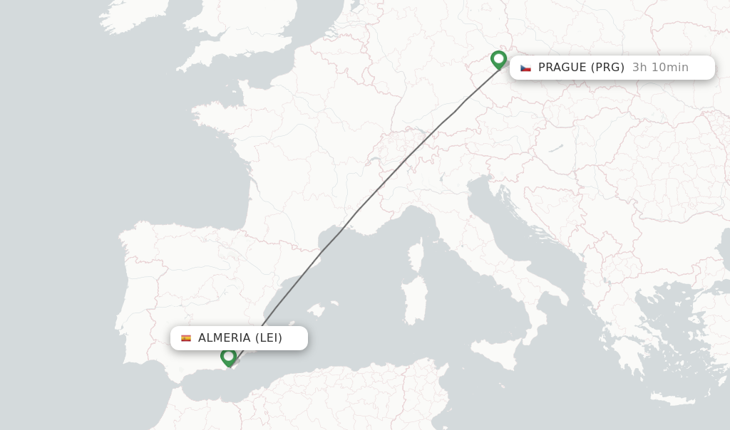 Flights from Almeria to Prague route map