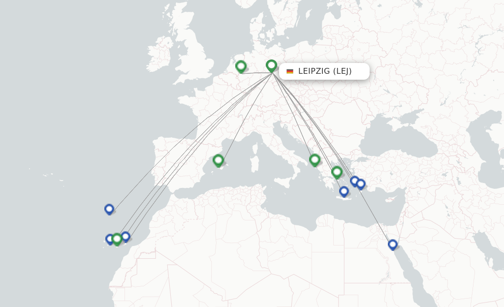 Route map with flights from Leipzig/Halle with Condor