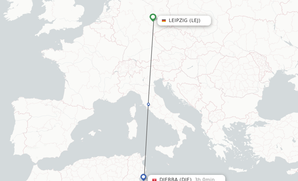 Flights from Leipzig/Halle to Djerba route map