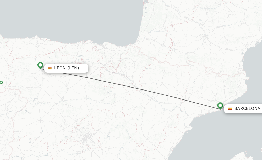 Flights from Leon to Barcelona route map