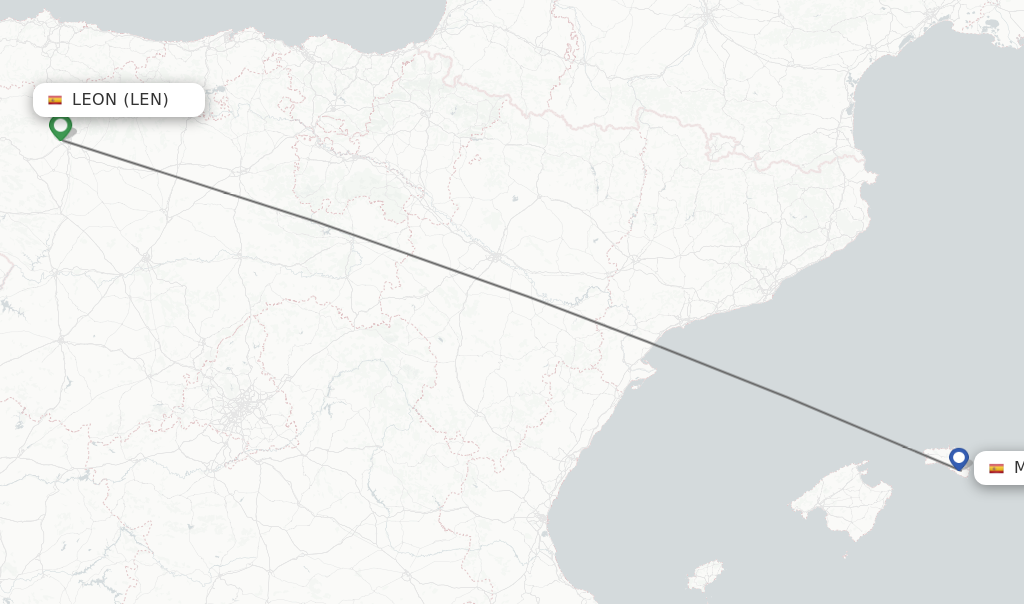 Flights from Leon to Menorca route map