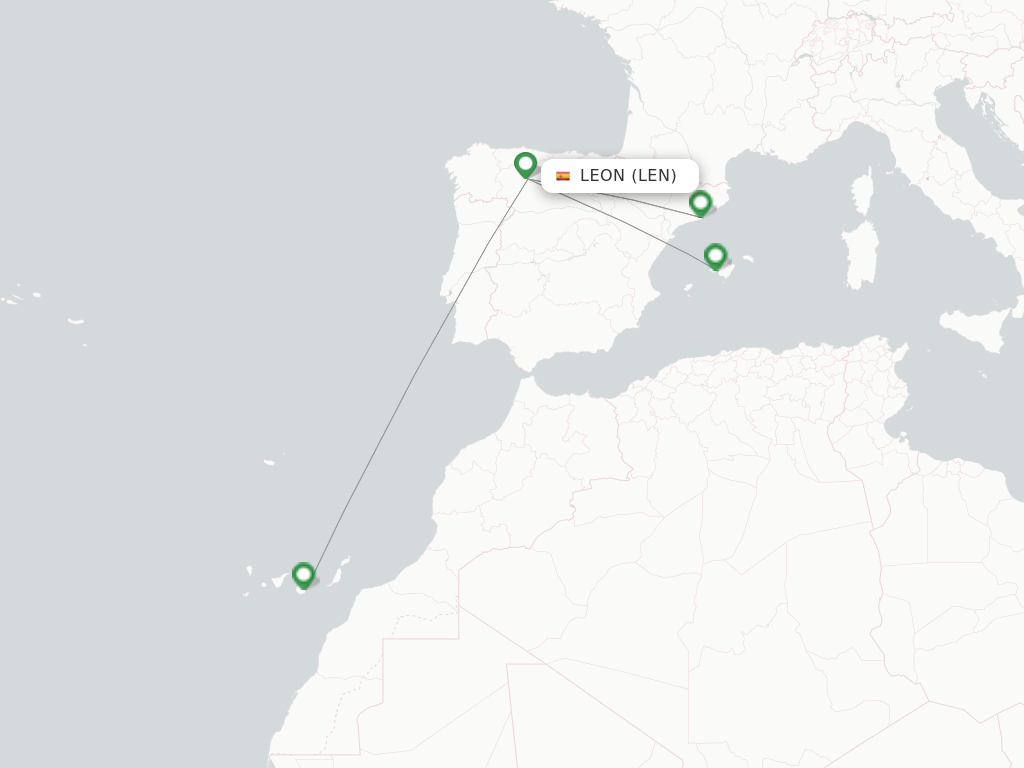 Flights from Leon to Menorca route map