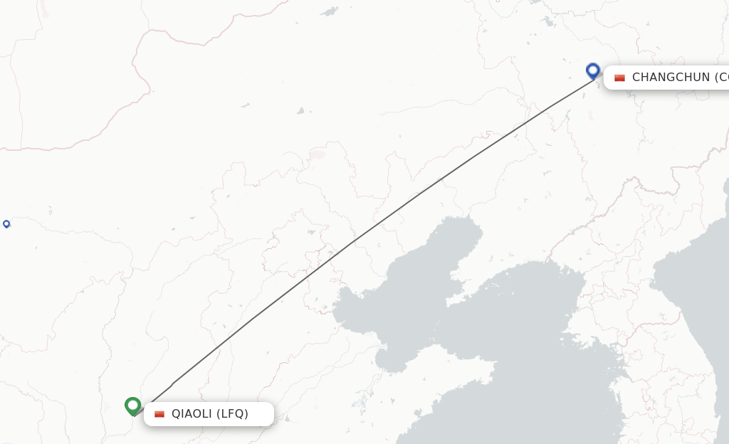 Flights from Qiaoli to Changchun route map