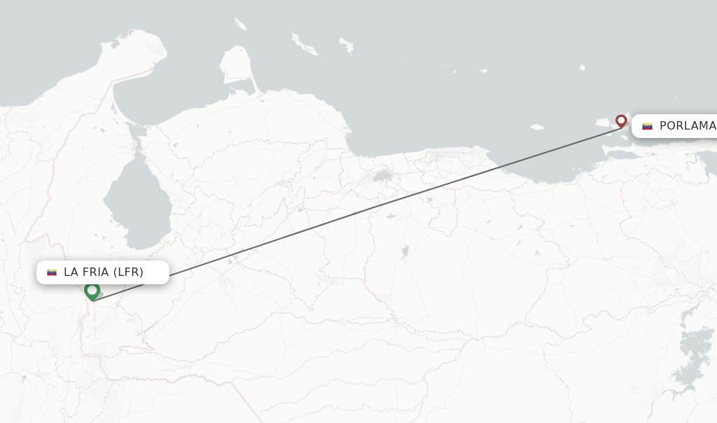 Flights from La Fria to Porlamar route map