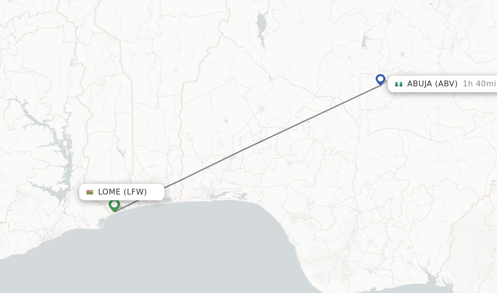Flights from Lome to Abuja route map