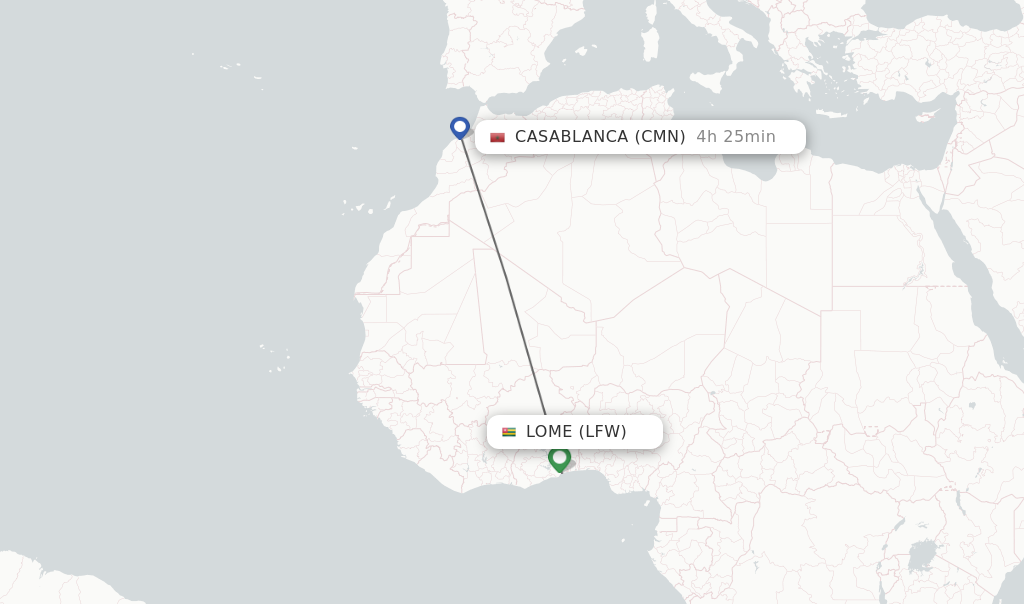 Flights from Lome to Casablanca route map
