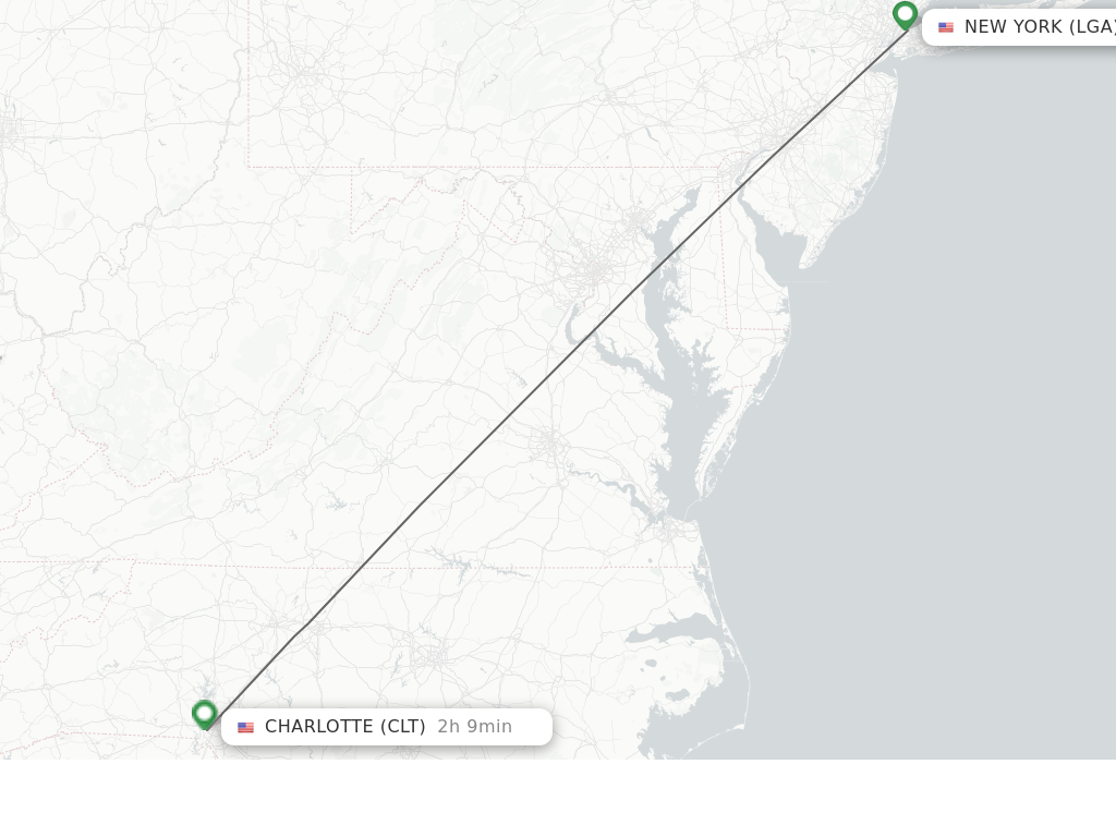 Flights from New York to Charlotte route map