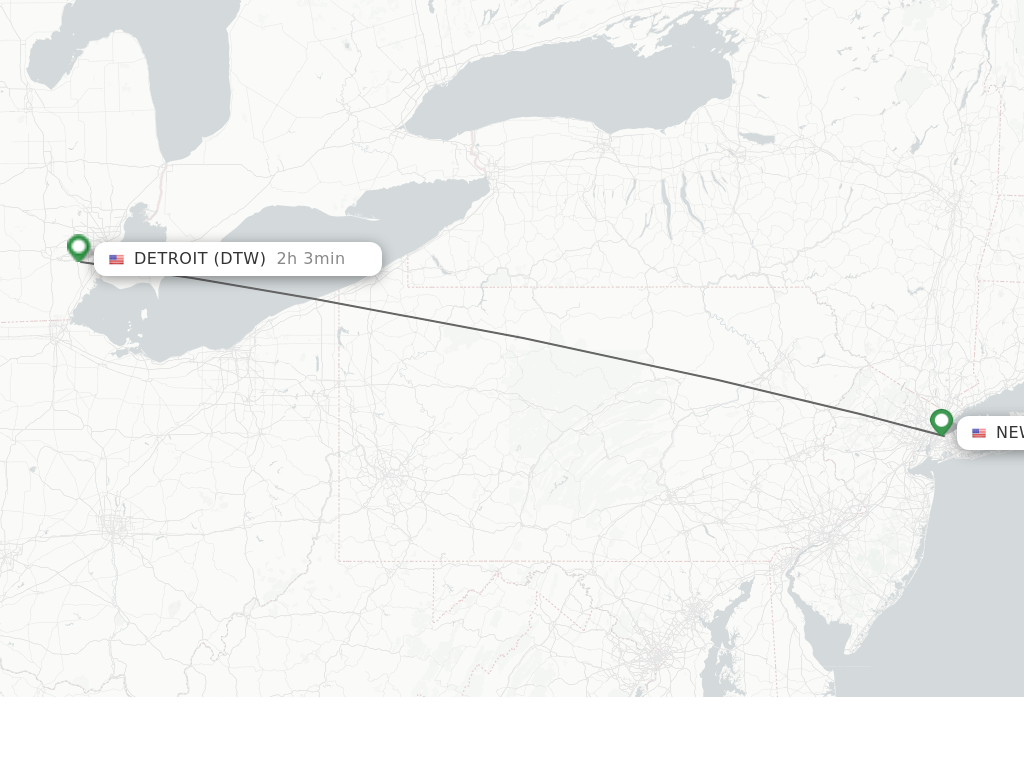 Flights from New York to Detroit route map