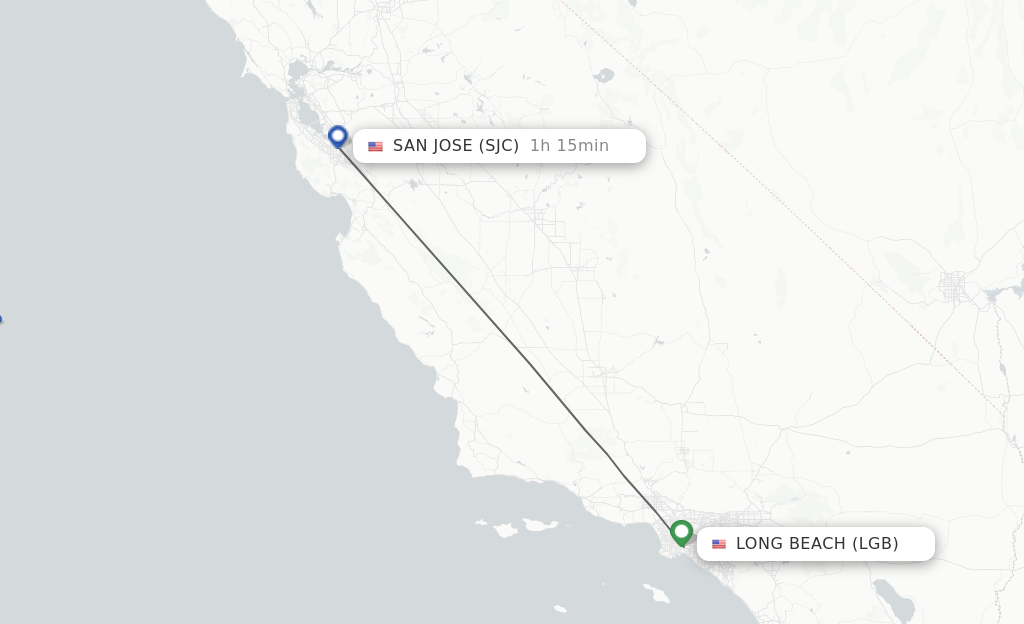 Flights from Long Beach to San Jose route map