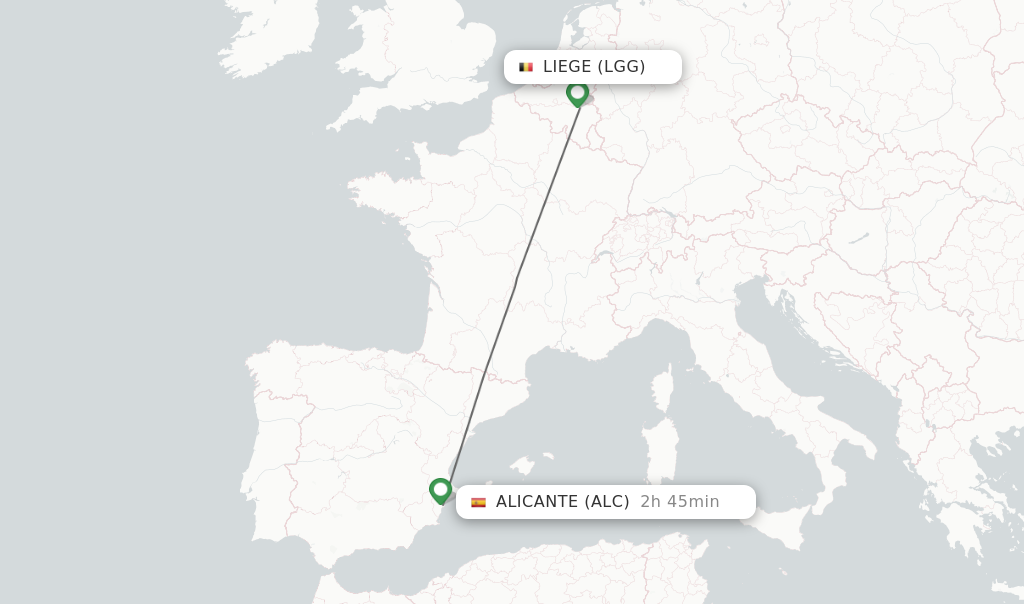 Flights from Liege to Alicante route map