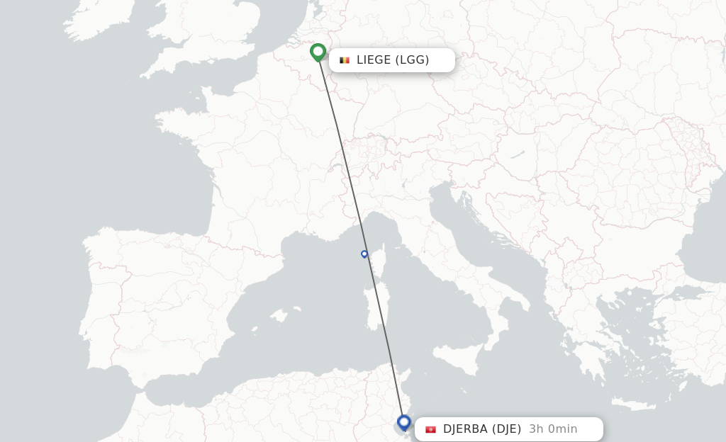 Flights from Djerba to Liege route map