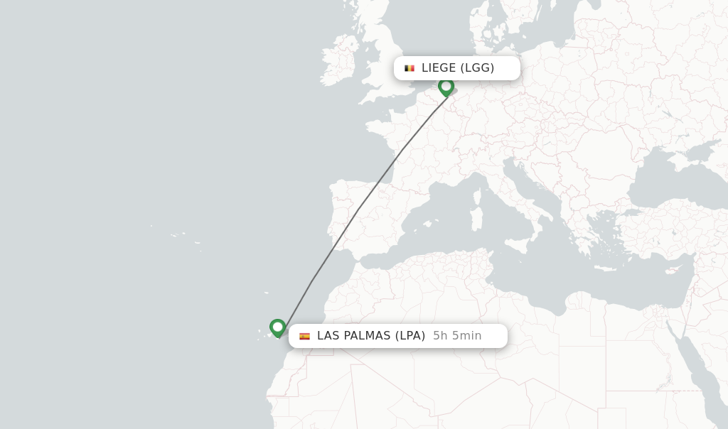 Flights from Liege to Las Palmas route map