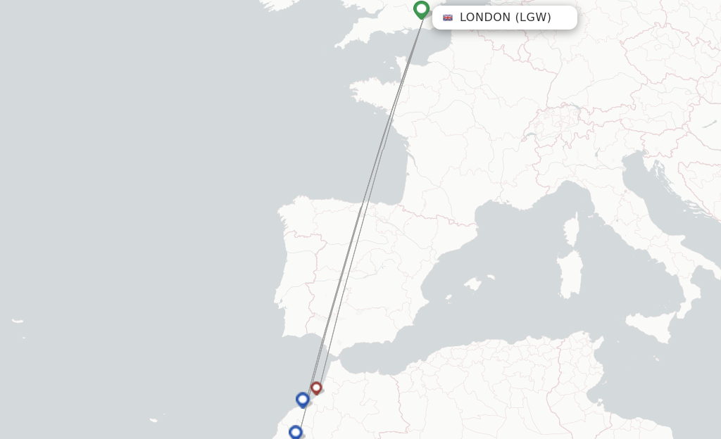 Route map with flights from London with Royal Air Maroc